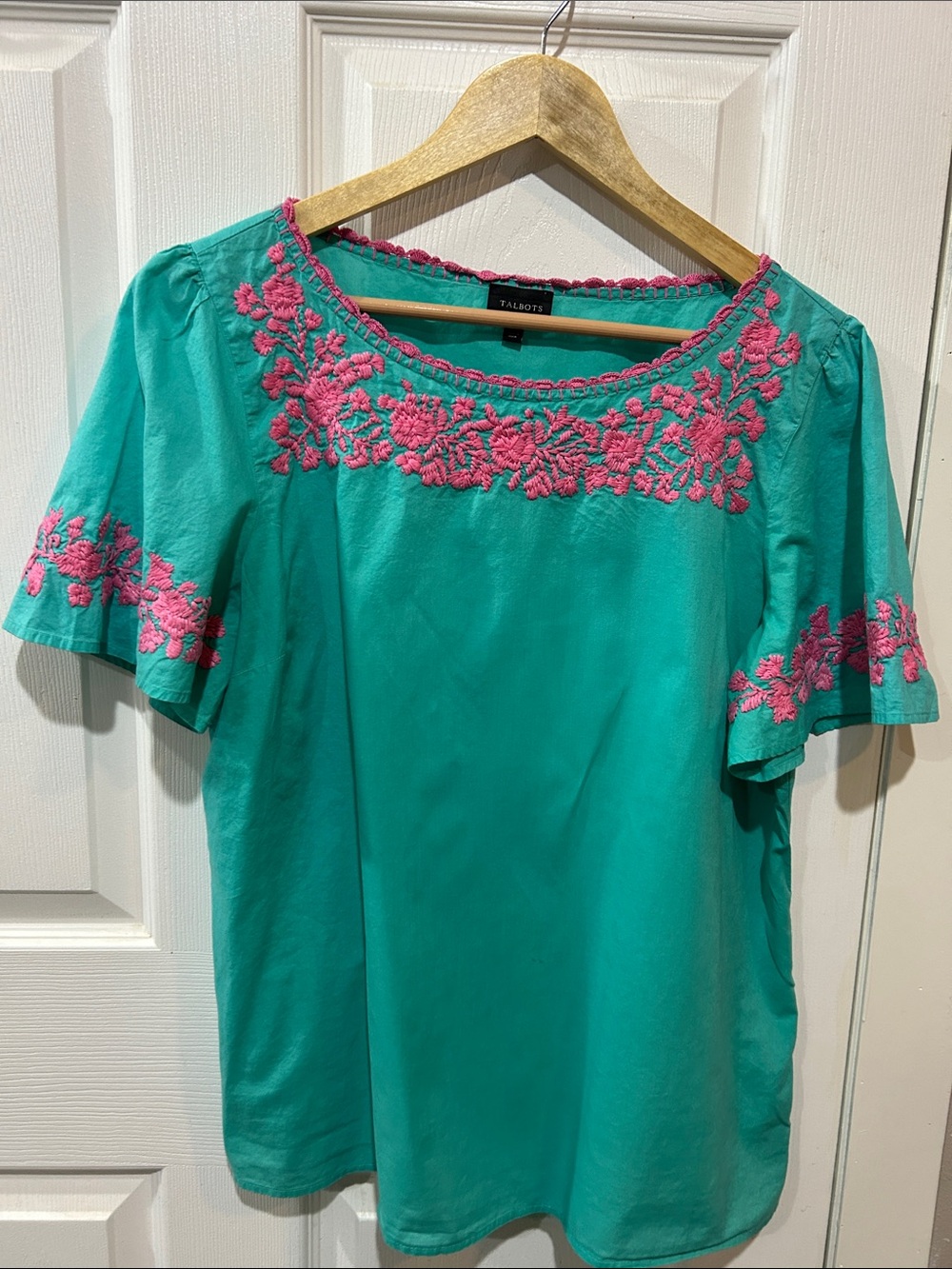 Talbots Teal Top with Pink Floral Embroidery